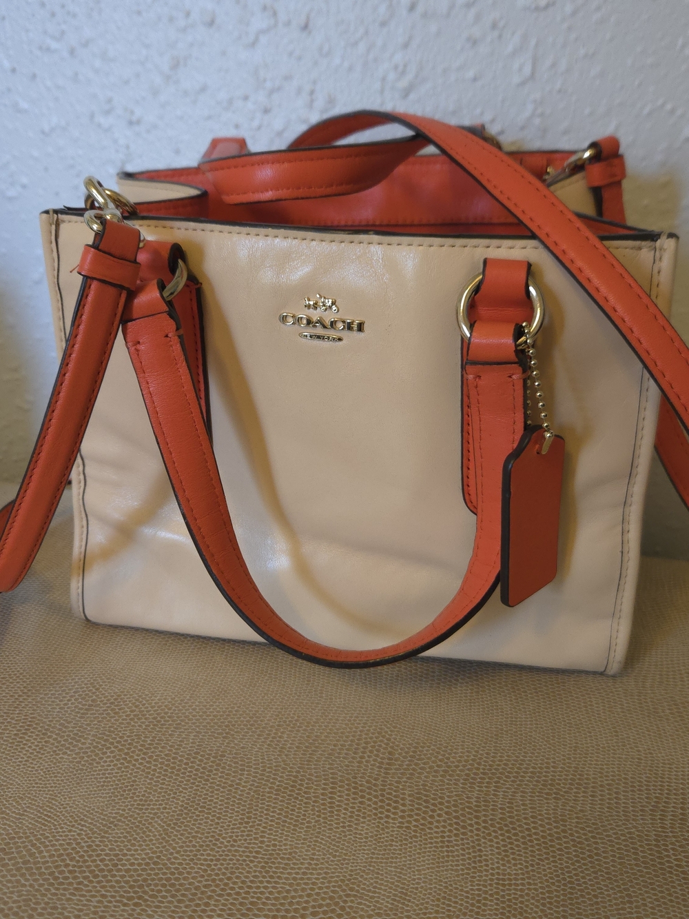 COACH Two-Tone Leather Satchel in Cream and Orange